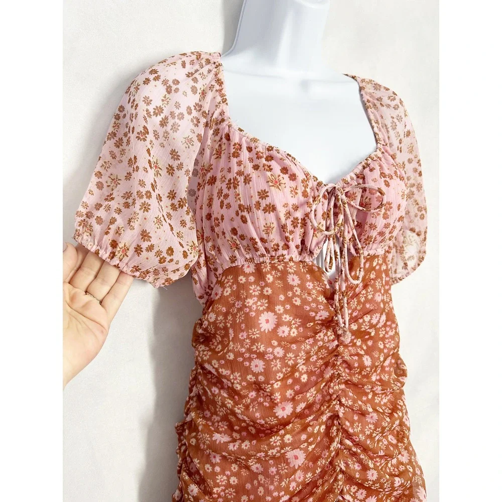 Free‎ People Tessa Floral Ruched Mini Cutout Dress Pink Rust Orange Size Small